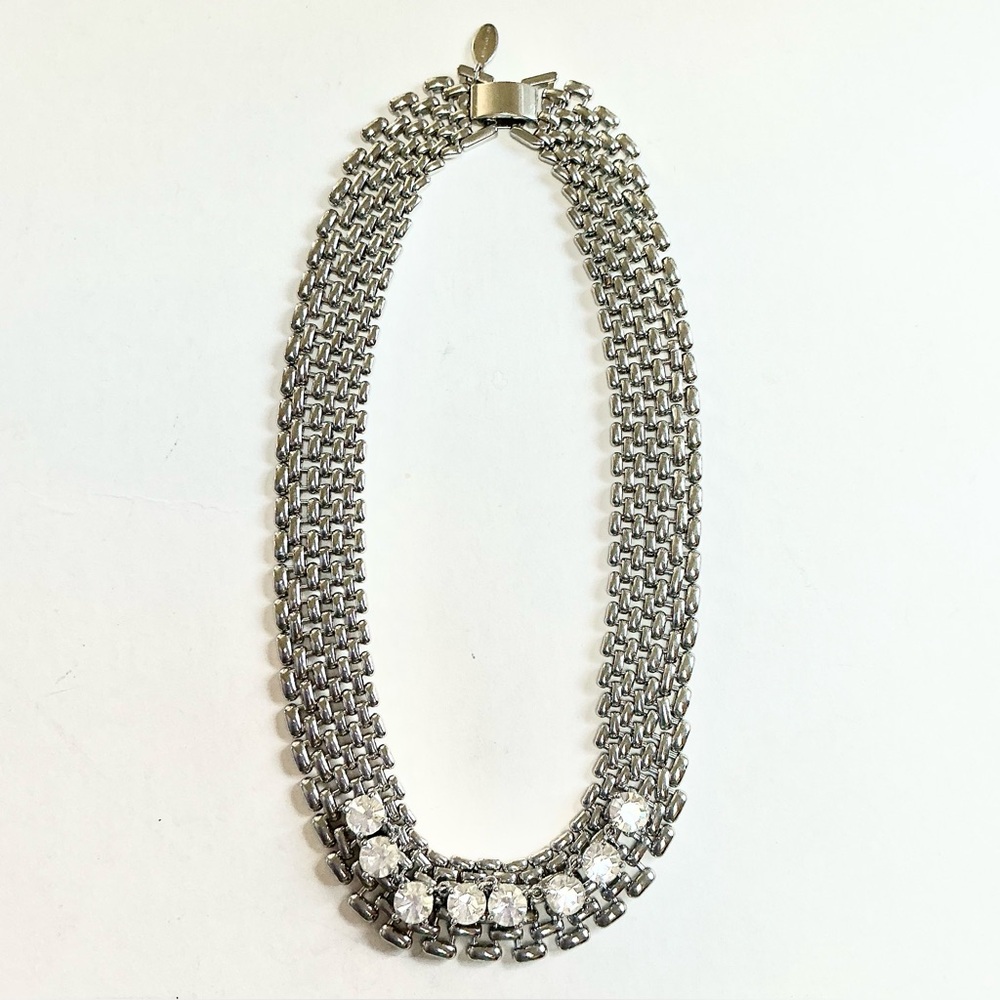Ann Taylor Modern Silver Crystal Chain Link Statement Choker Collar Necklace